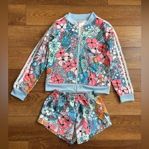 Adidas Girls Floral Blue Track Jacket and Shorts Size L